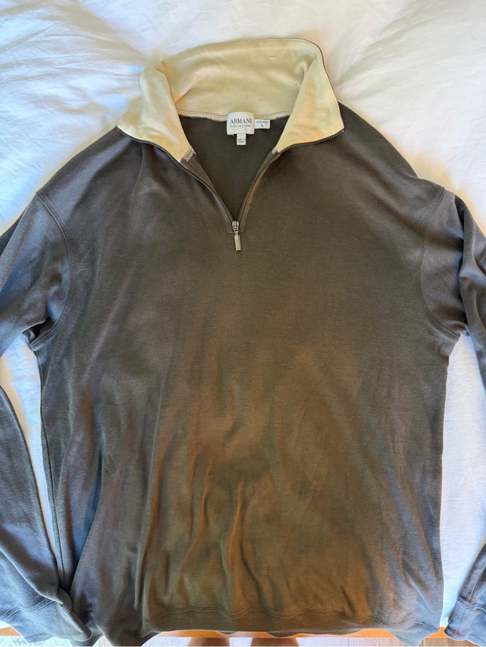 Armani Collezioni Men's Brown Half-Zip Sweater with Cream Collar